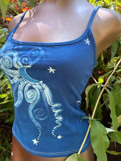 Blue Moon and Stars Hand Painted Batik Tank Top Tops batikwalla XL 