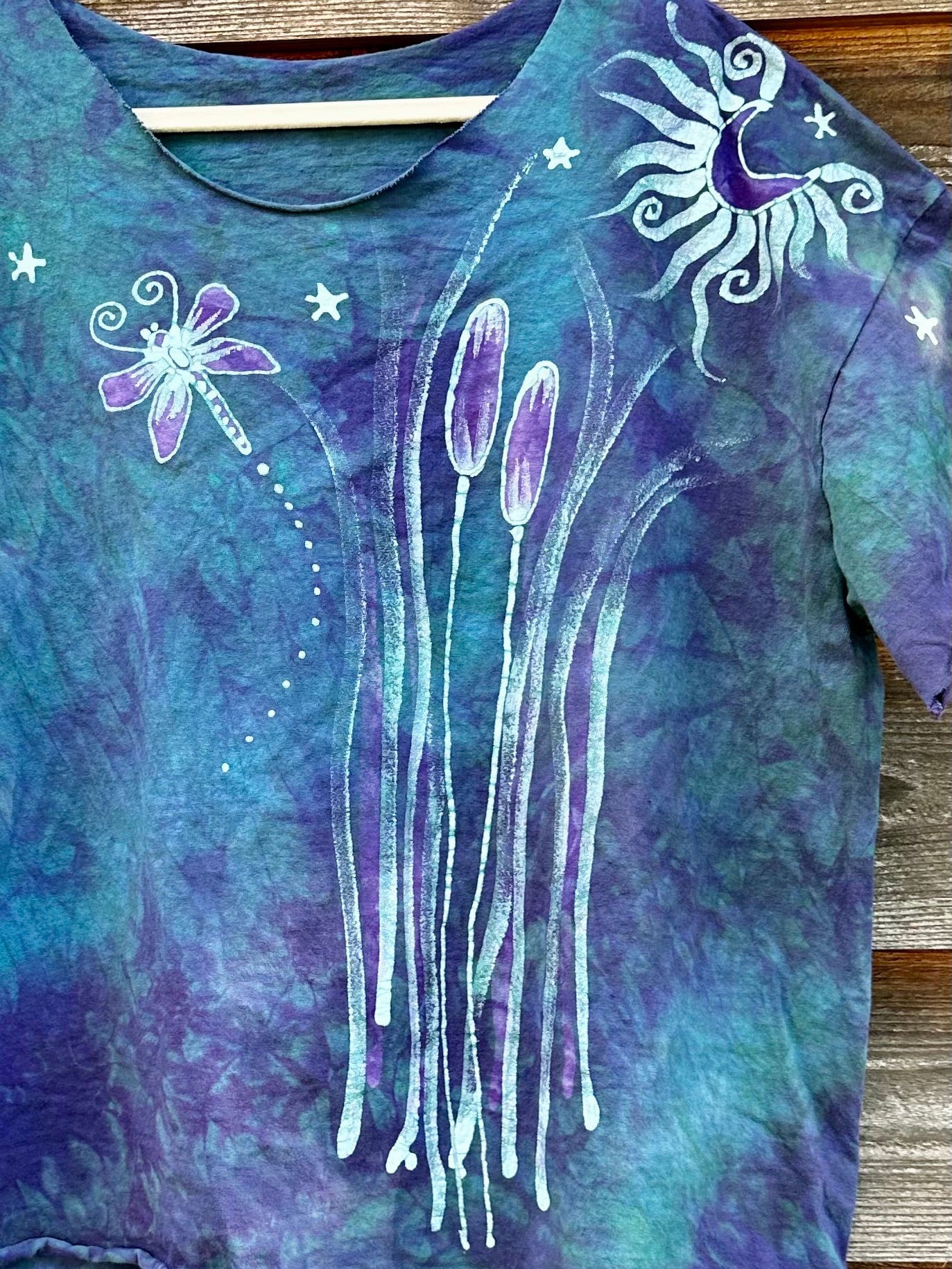 Dragonfly in Teal and Purple Cotton Cropped Crew Tee Shirts & Tops Batikwalla by Victoria XL 