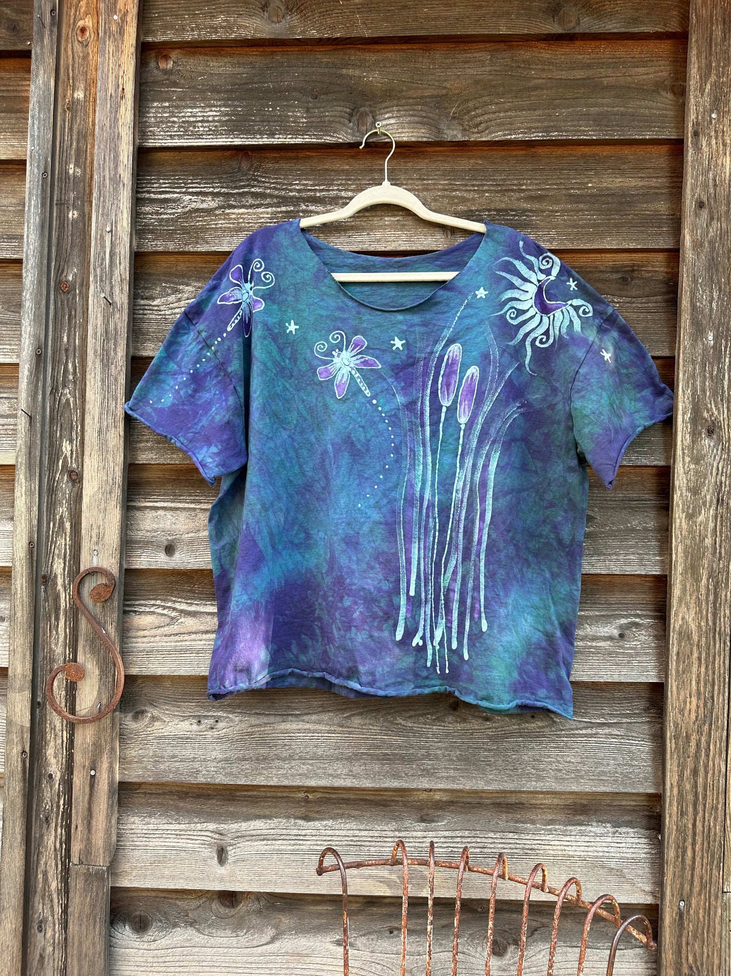 Dragonfly in Teal and Purple Cotton Cropped Crew Tee Shirts & Tops Batikwalla by Victoria 