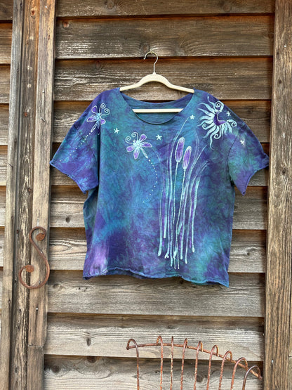 Dragonfly in Teal and Purple Cotton Cropped Crew Tee Shirts & Tops Batikwalla by Victoria 