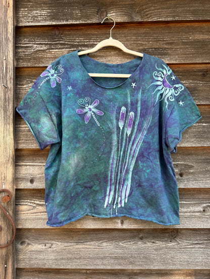 Dragonfly in Teal and Purple Cotton Cropped Crew Tee Shirts & Tops Batikwalla by Victoria Large 