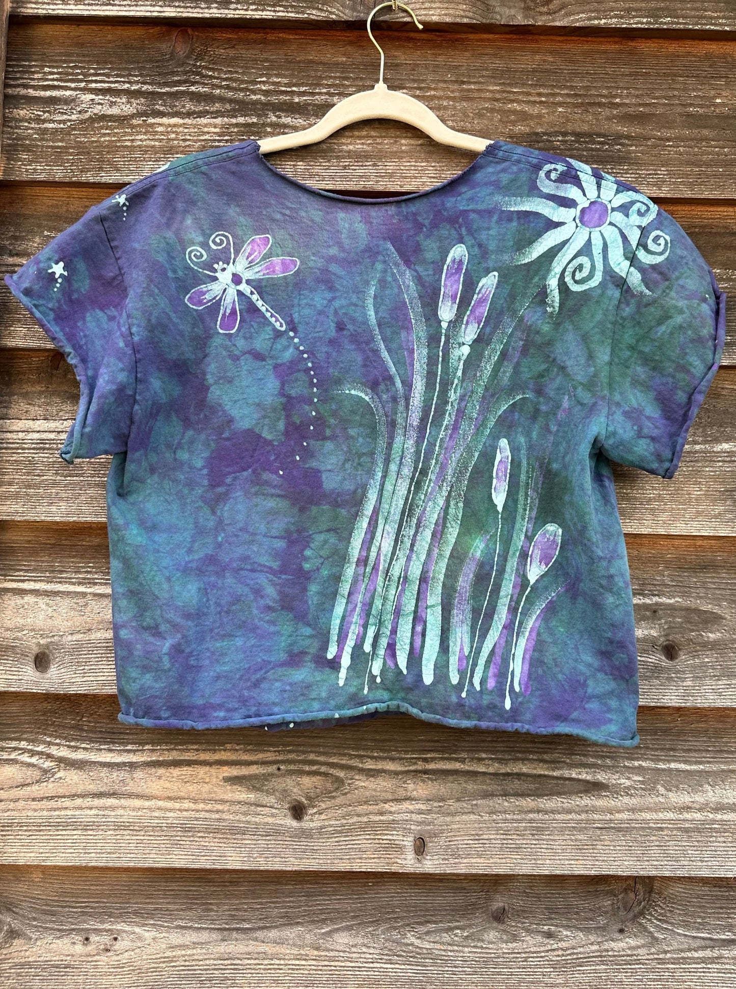 Dragonfly in Teal and Purple Cotton Cropped Crew Tee Shirts & Tops Batikwalla by Victoria 