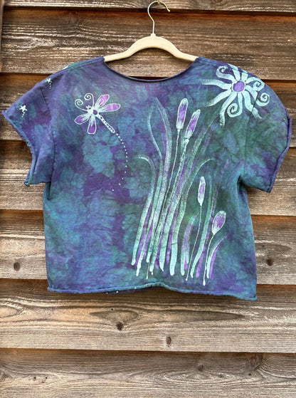 Dragonfly in Teal and Purple Cotton Cropped Crew Tee Shirts & Tops Batikwalla by Victoria 