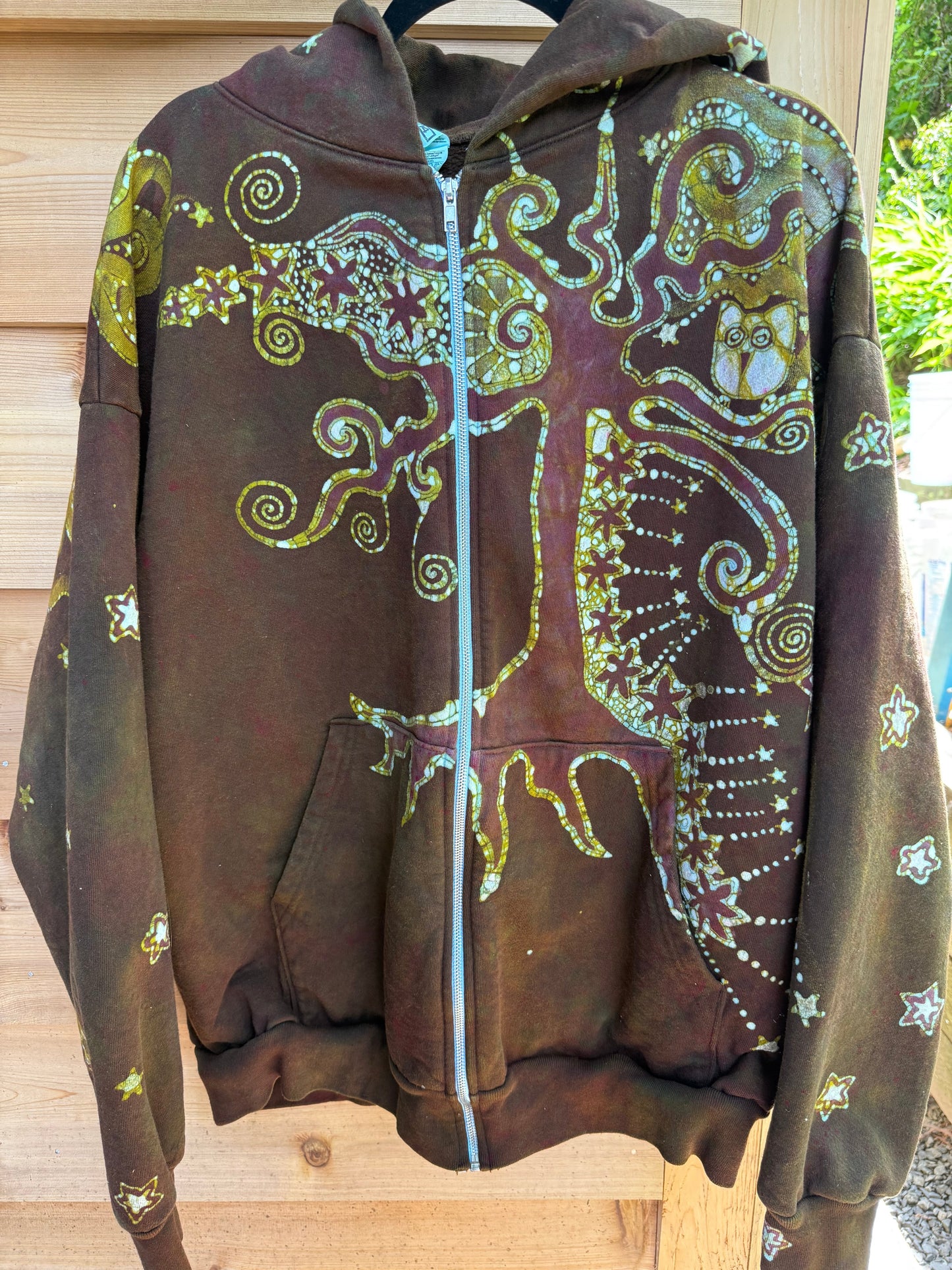 Green Owl Sitting in the Tree of Life – Handcrafted Batik Zipper Hoodie hoodie batikwalla 