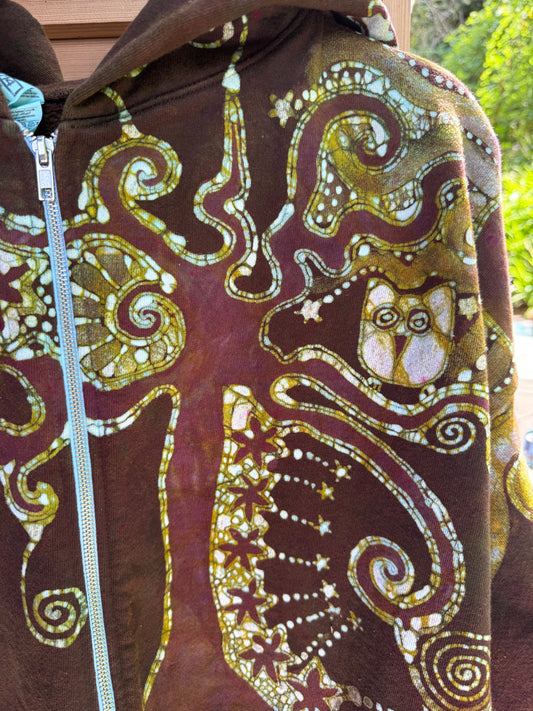 Green Owl Sitting in the Tree of Life – Handcrafted Batik Zipper Hoodie hoodie batikwalla 2X 