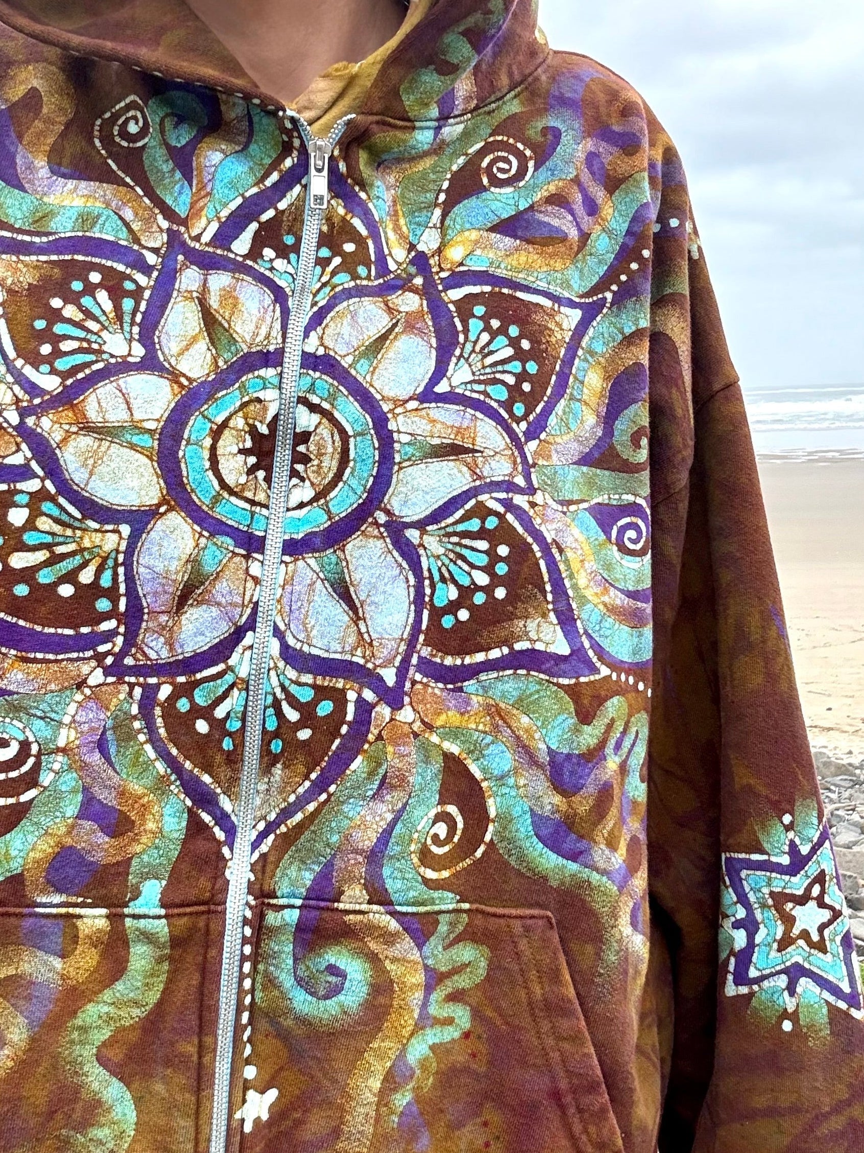 Amber Sky Lotus Flower Handmade Batik Zipper Hoodie - Unisex Size 2X hoodie batikwalla 