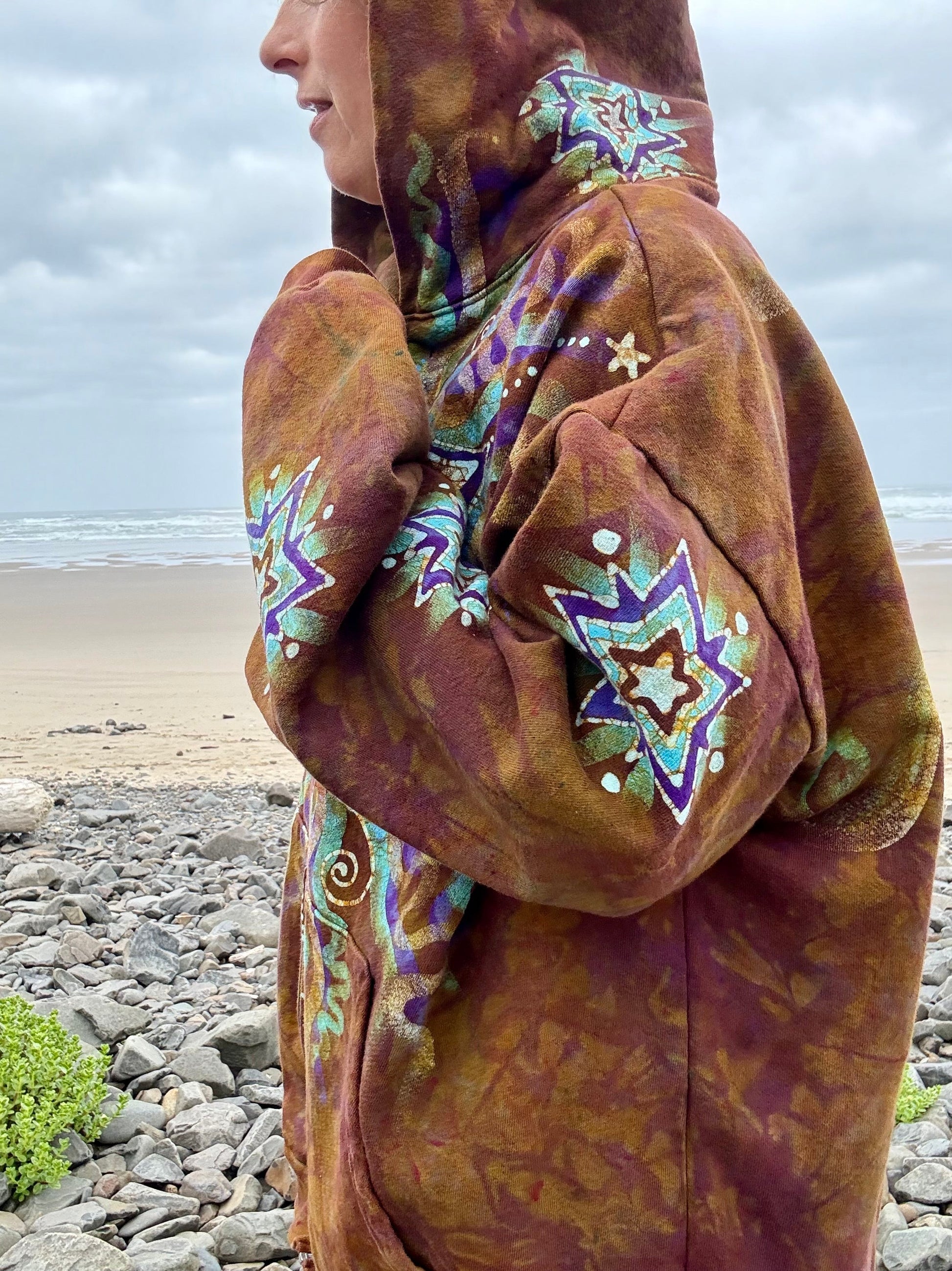 Amber Sky Lotus Flower Handmade Batik Zipper Hoodie - Unisex Size 2X hoodie batikwalla 