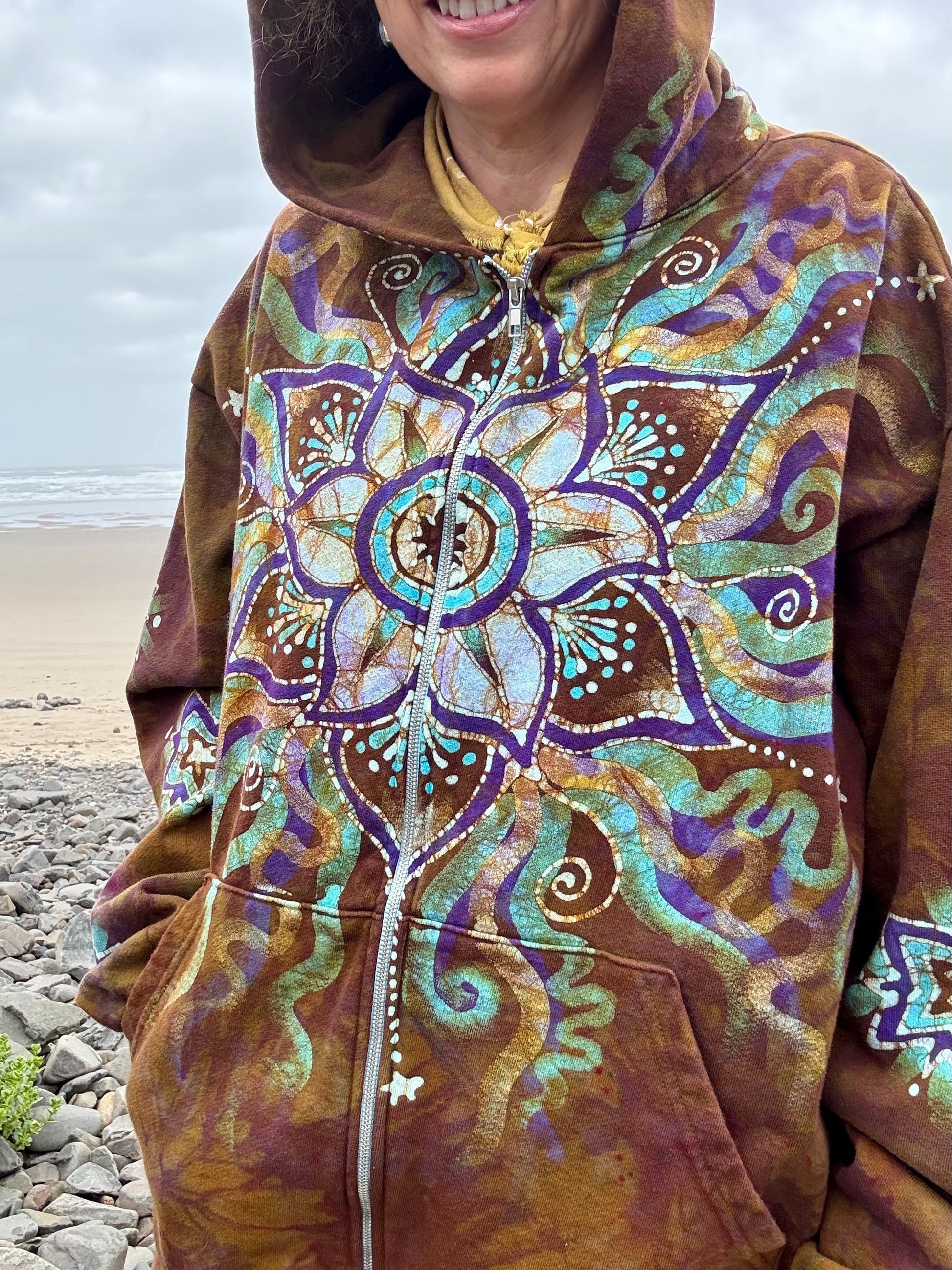 Amber Sky Lotus Flower Handmade Batik Zipper Hoodie - Unisex Size 2X hoodie batikwalla 