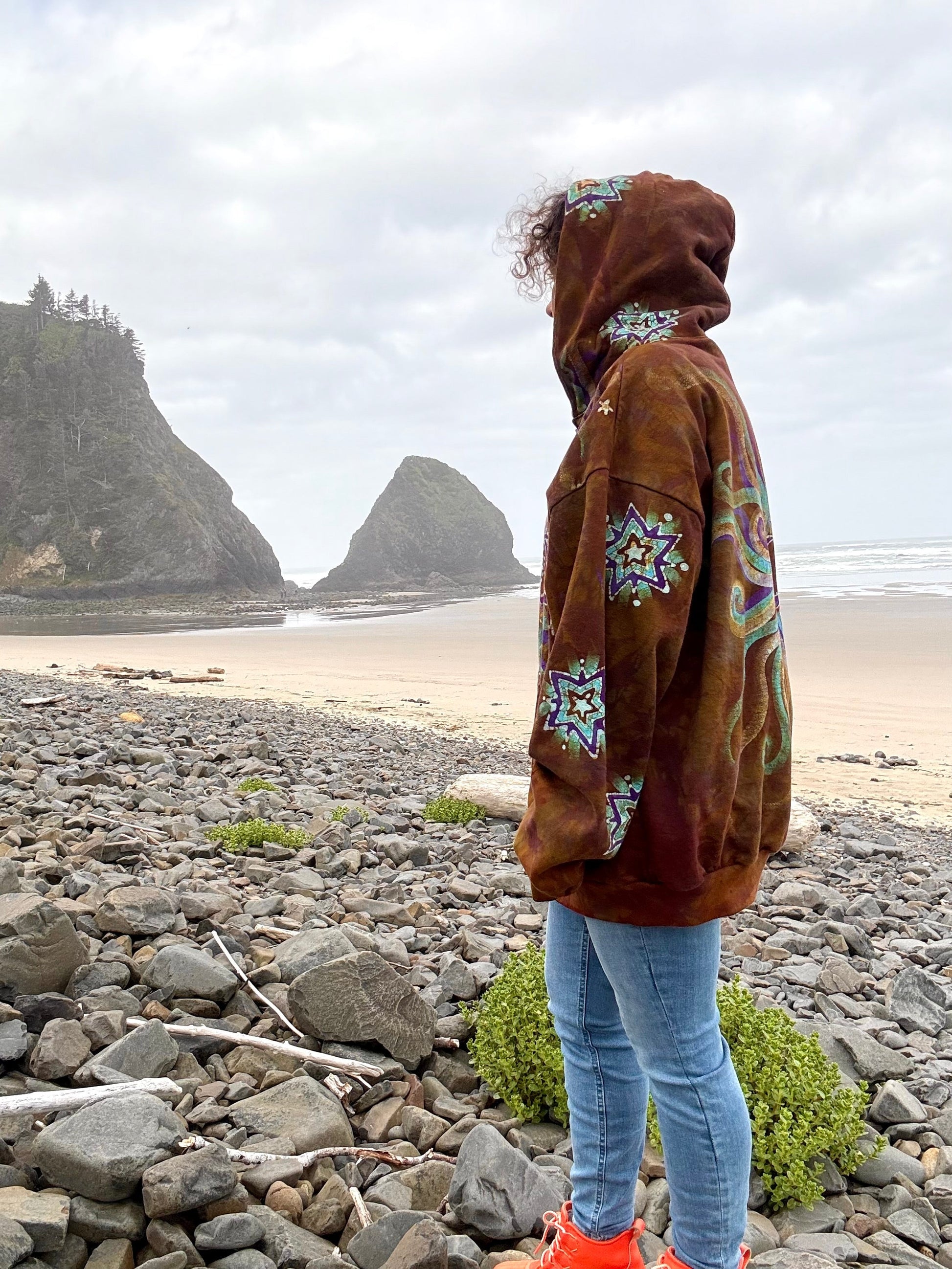 Amber Sky Lotus Flower Handmade Batik Zipper Hoodie - Unisex Size 2X hoodie batikwalla 