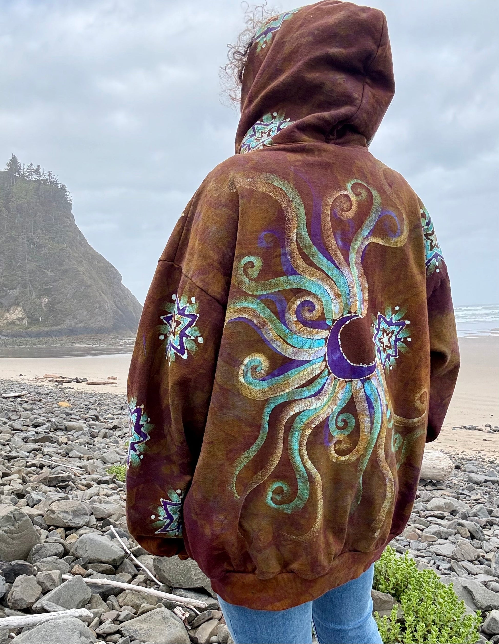 Amber Sky Lotus Flower Handmade Batik Zipper Hoodie - Unisex Size 2X hoodie batikwalla 