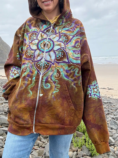 Amber Sky Lotus Flower Handmade Batik Zipper Hoodie - Unisex Size 2X hoodie batikwalla 