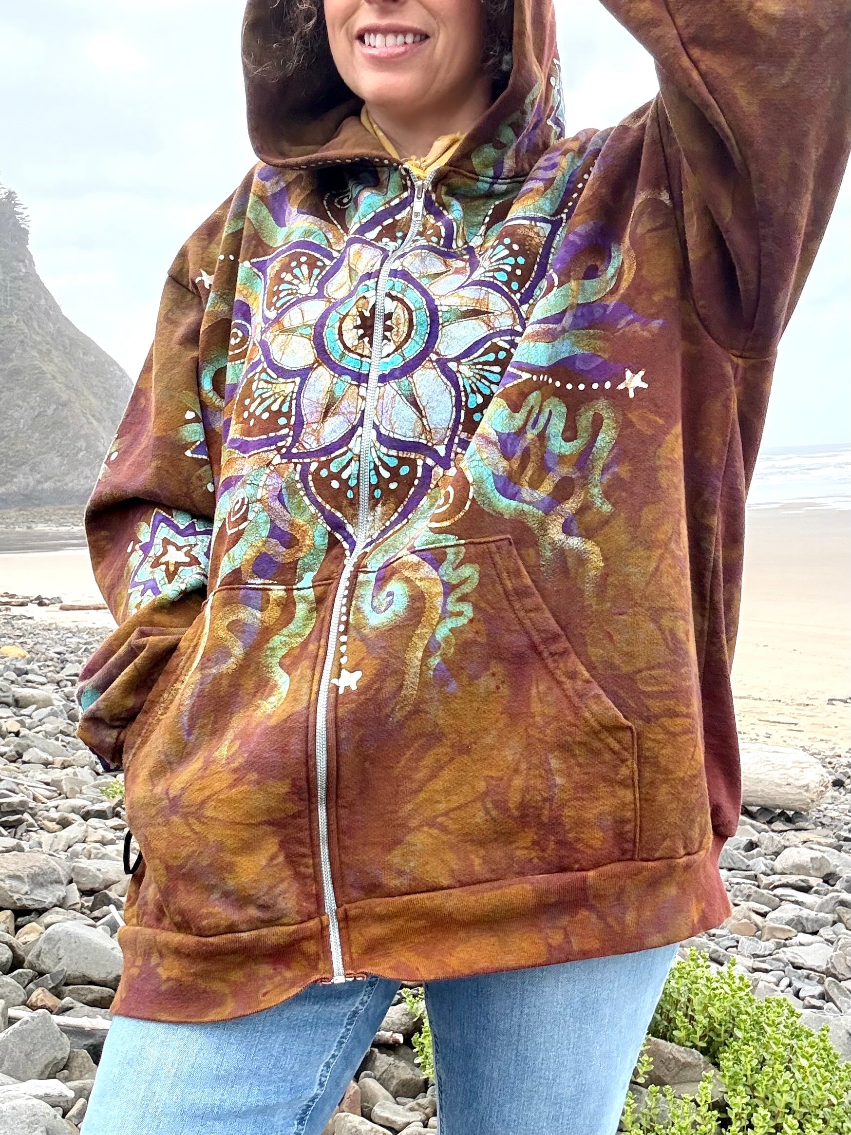 Amber Sky Lotus Flower Handmade Batik Zipper Hoodie - Unisex Size 2X hoodie batikwalla 2X 