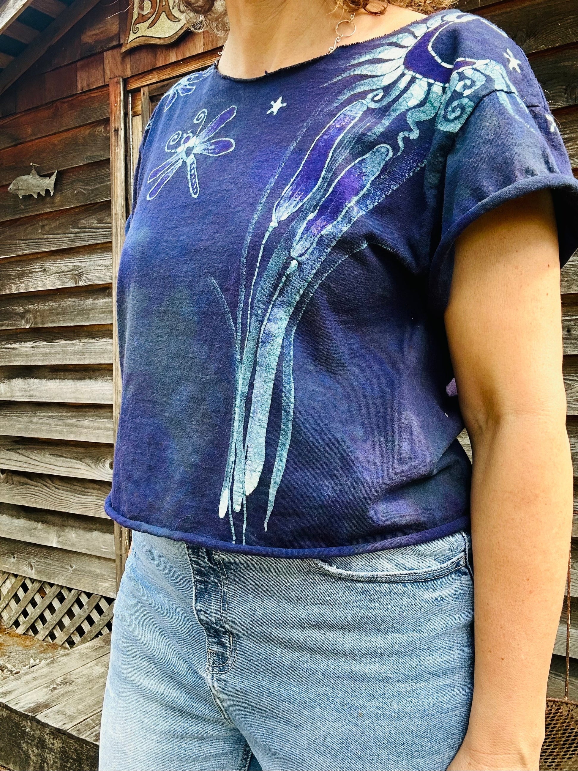Dragonfly in Teal and Purple Cotton Cropped Crew Tee Shirts & Tops Batikwalla by Victoria Small 