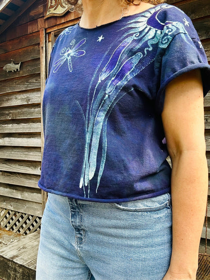 Dragonfly in Teal and Purple Cotton Cropped Crew Tee Shirts & Tops Batikwalla by Victoria Small 