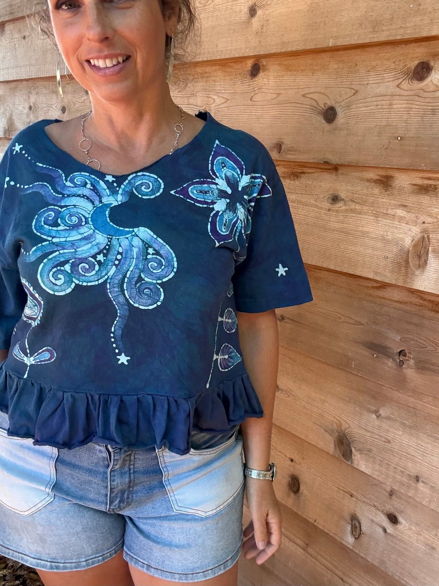 Flower Power Moon and Star Batik Shirt – Handmade Peplum Top - Size Small