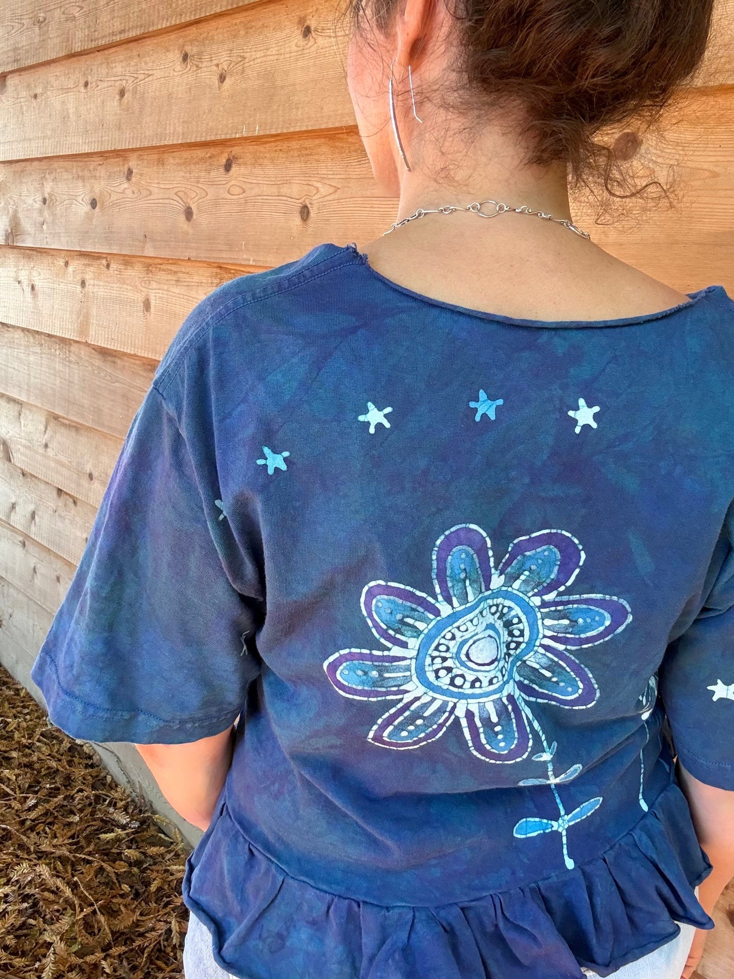 Flower Power Moon and Star Batik Shirt – Handmade Peplum Top - Size Small