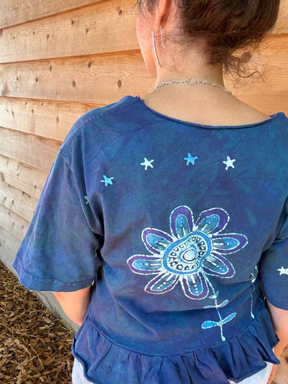 Flower Power Moon and Star Batik Shirt – Handmade Peplum Top - Size Small