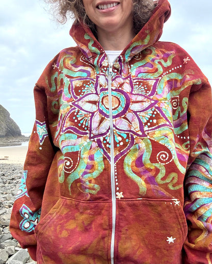 Amber Sky Lotus Flower Handmade Batik Zipper Hoodie - Unisex Size XL hoodie batikwalla 
