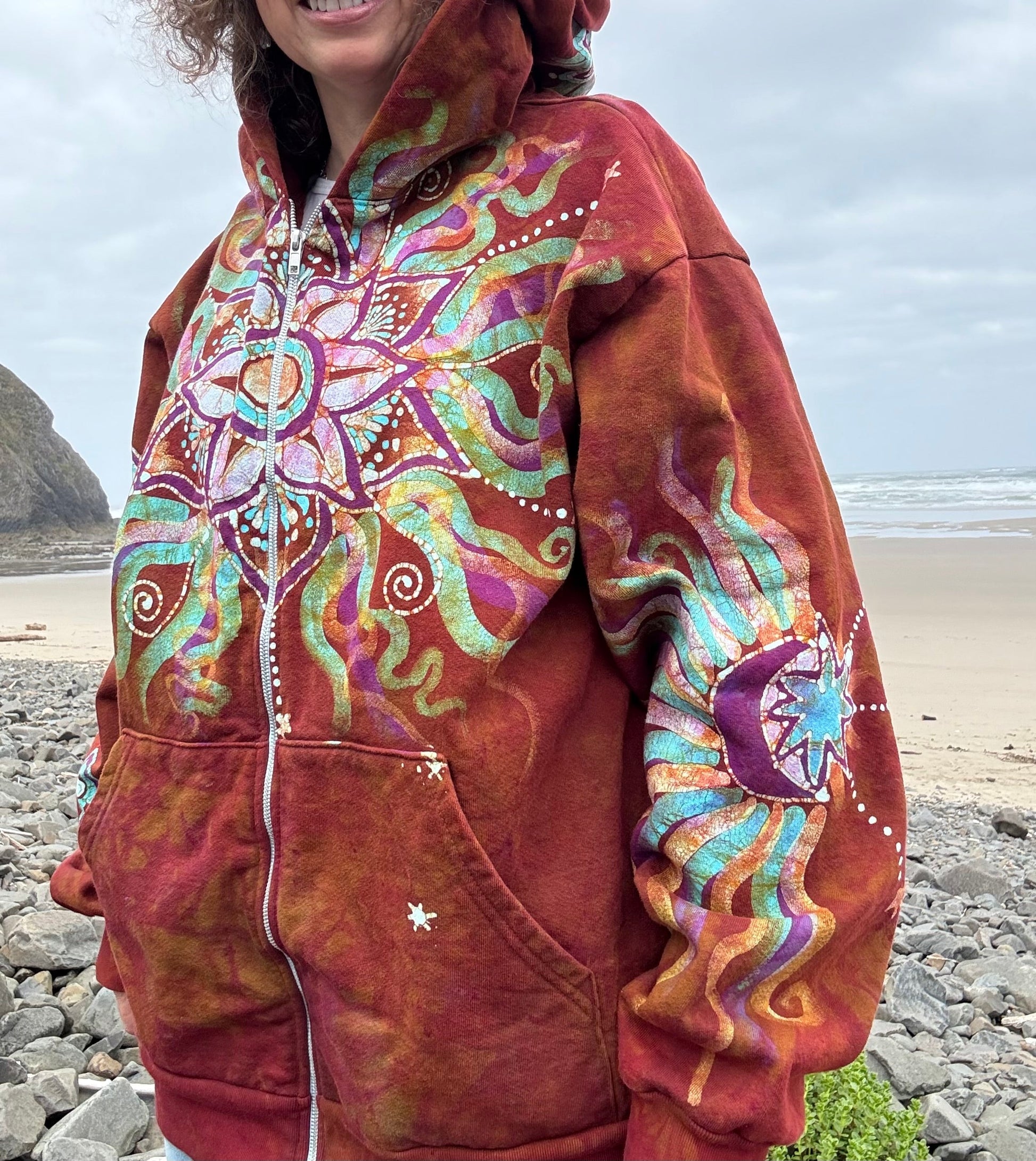 Amber Sky Lotus Flower Handmade Batik Zipper Hoodie - Unisex Size XL hoodie batikwalla 