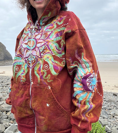 Amber Sky Lotus Flower Handmade Batik Zipper Hoodie - Unisex Size XL hoodie batikwalla 