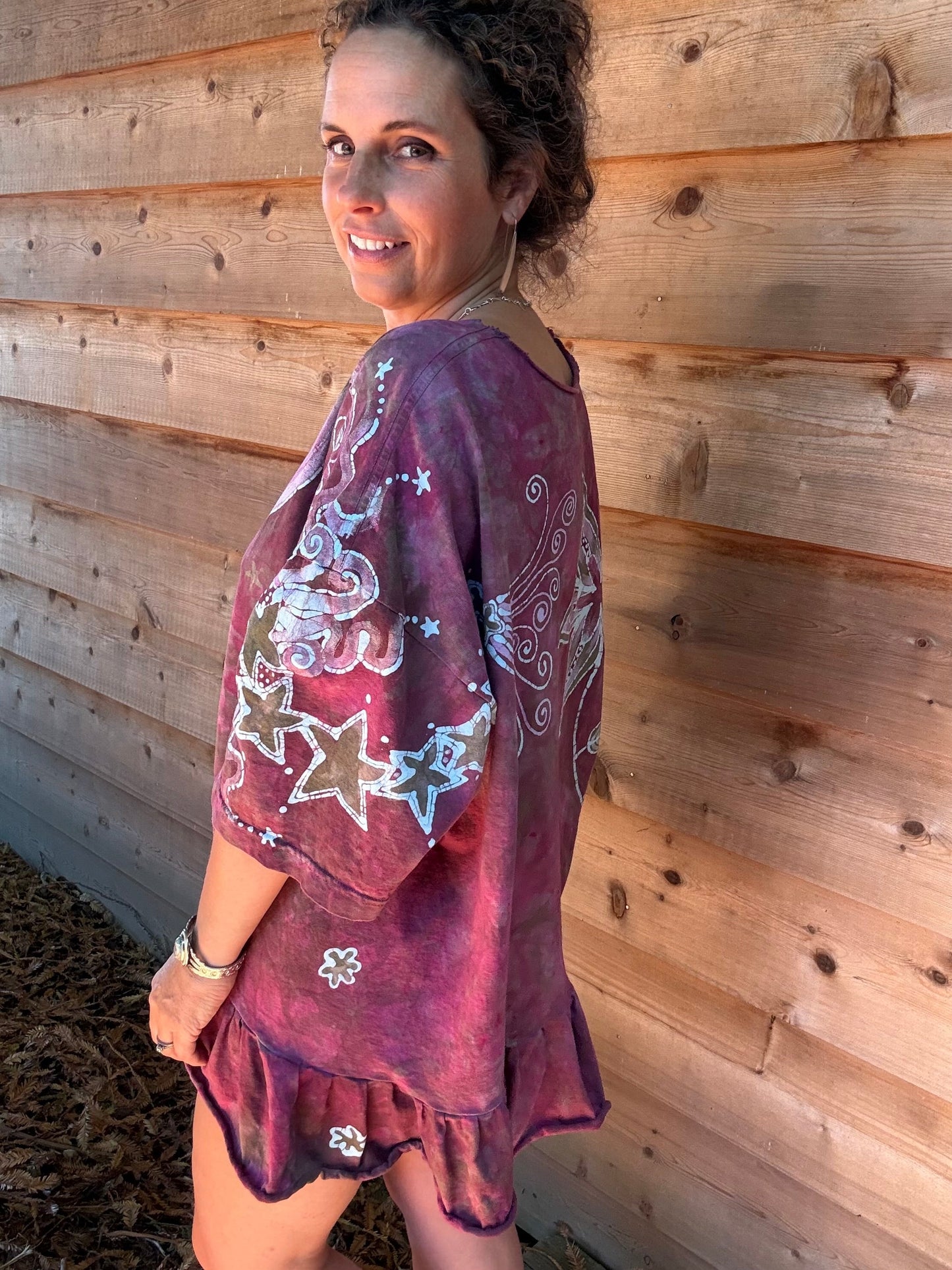 Pink Garden Butterfly Batik Shirt – Handmade Pink Peplum Top with Sage Moon - Size 2X ONLY Batikwalla by Victoria 