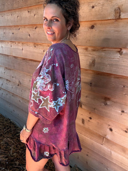Pink Garden Butterfly Batik Shirt – Handmade Pink Peplum Top with Sage Moon - Size 2X ONLY Batikwalla by Victoria 