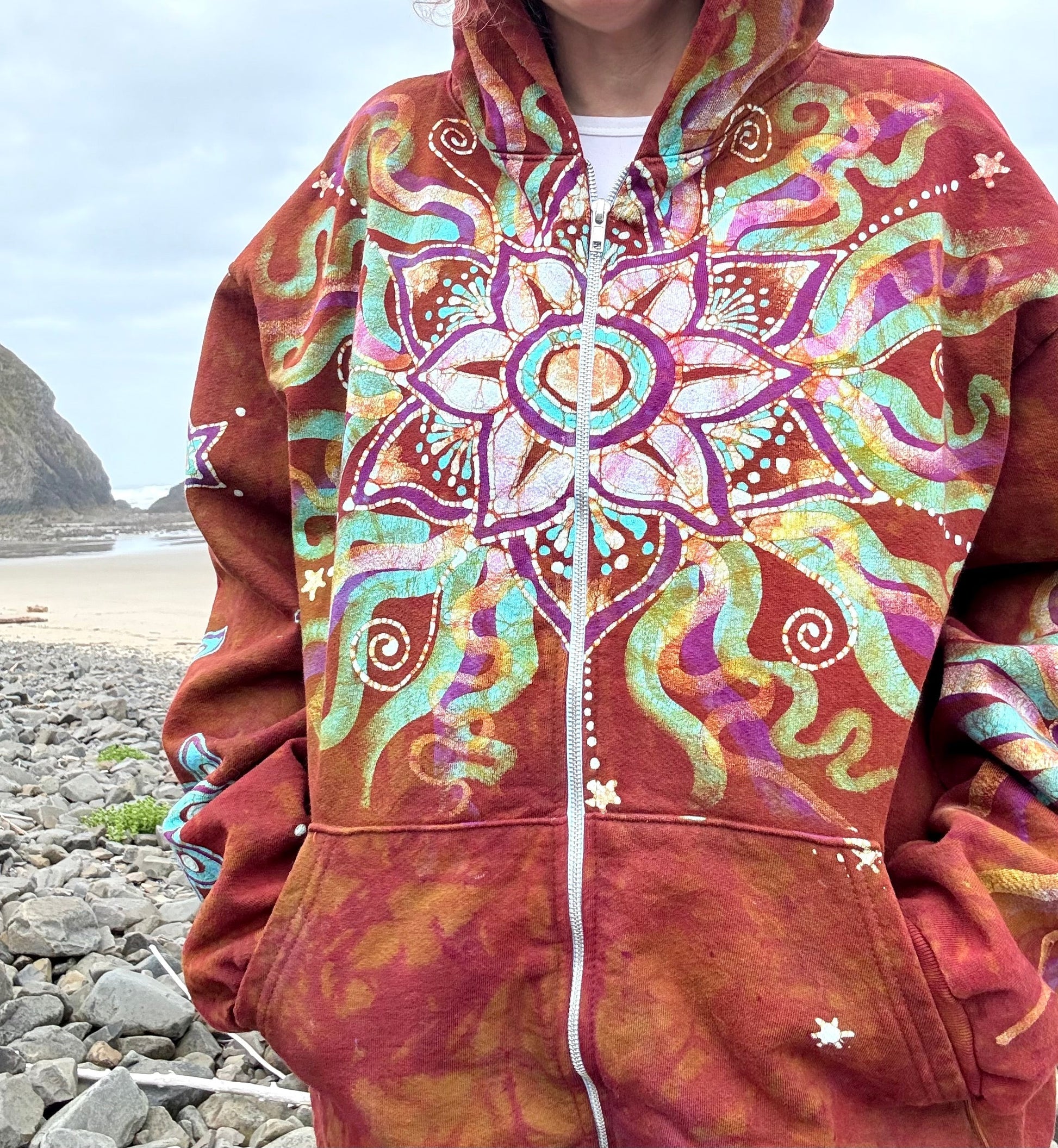 Amber Sky Lotus Flower Handmade Batik Zipper Hoodie - Unisex Size XL hoodie batikwalla 