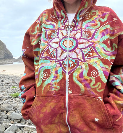 Amber Sky Lotus Flower Handmade Batik Zipper Hoodie - Unisex Size XL hoodie batikwalla 
