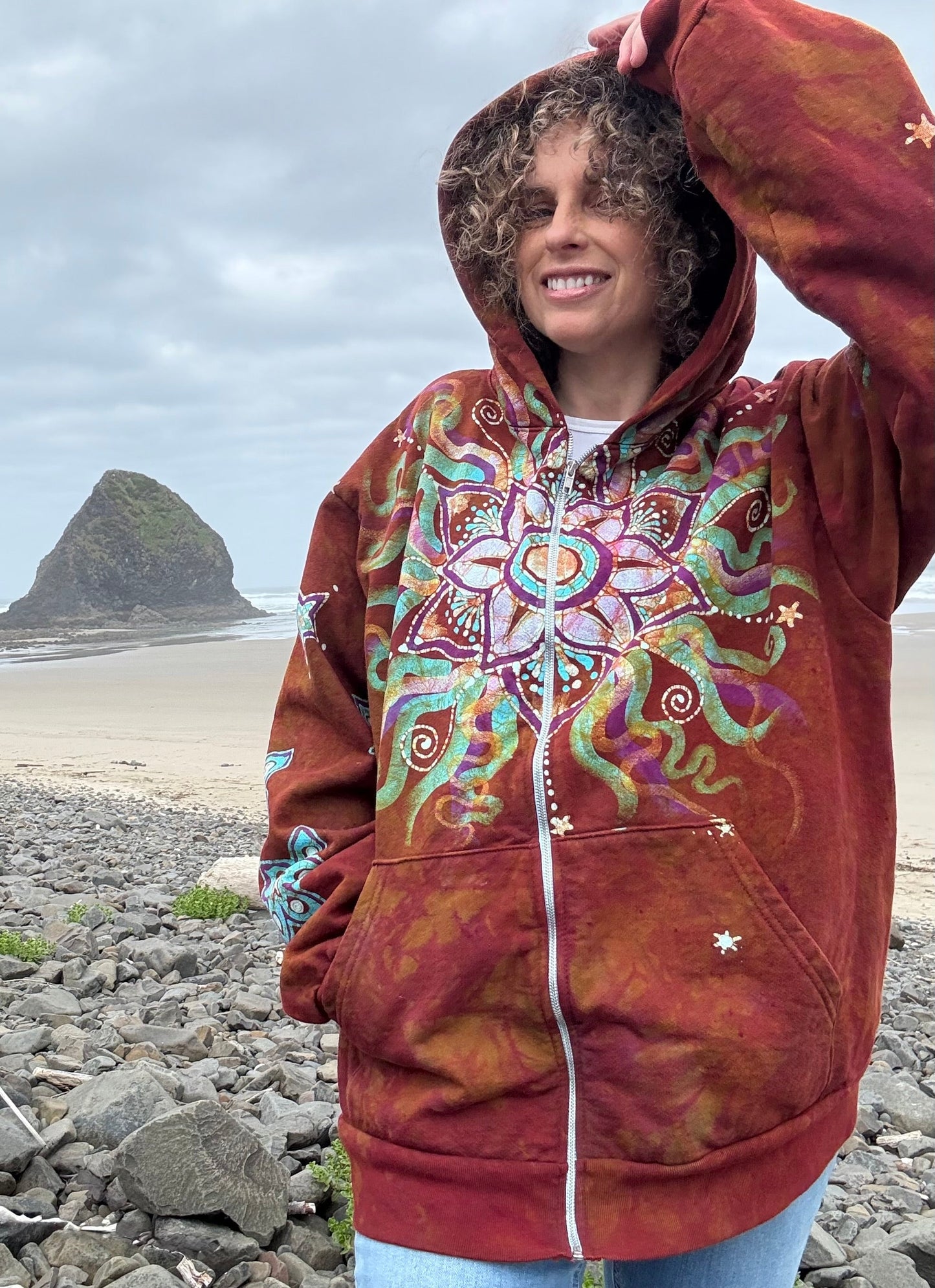 Amber Sky Lotus Flower Handmade Batik Zipper Hoodie - Unisex Size XL hoodie batikwalla 