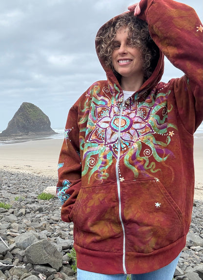 Amber Sky Lotus Flower Handmade Batik Zipper Hoodie - Unisex Size XL hoodie batikwalla 