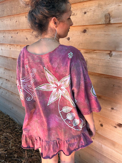 Pink Garden Butterfly Batik Shirt – Handmade Pink Peplum Top with Sage Moon - Size 2X ONLY Batikwalla by Victoria 