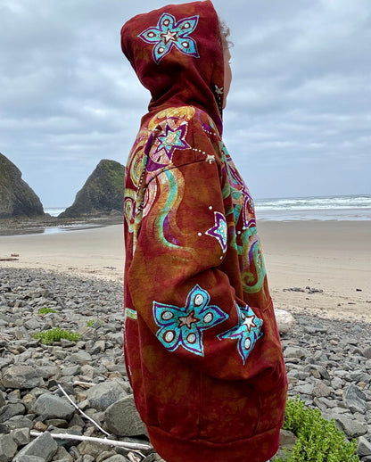 Amber Sky Lotus Flower Handmade Batik Zipper Hoodie - Unisex Size XL hoodie batikwalla 