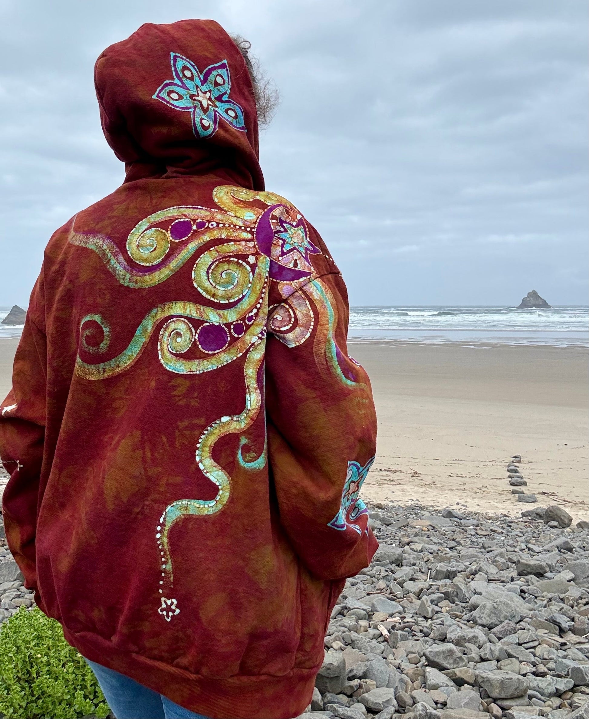 Amber Sky Lotus Flower Handmade Batik Zipper Hoodie - Unisex Size XL hoodie batikwalla 