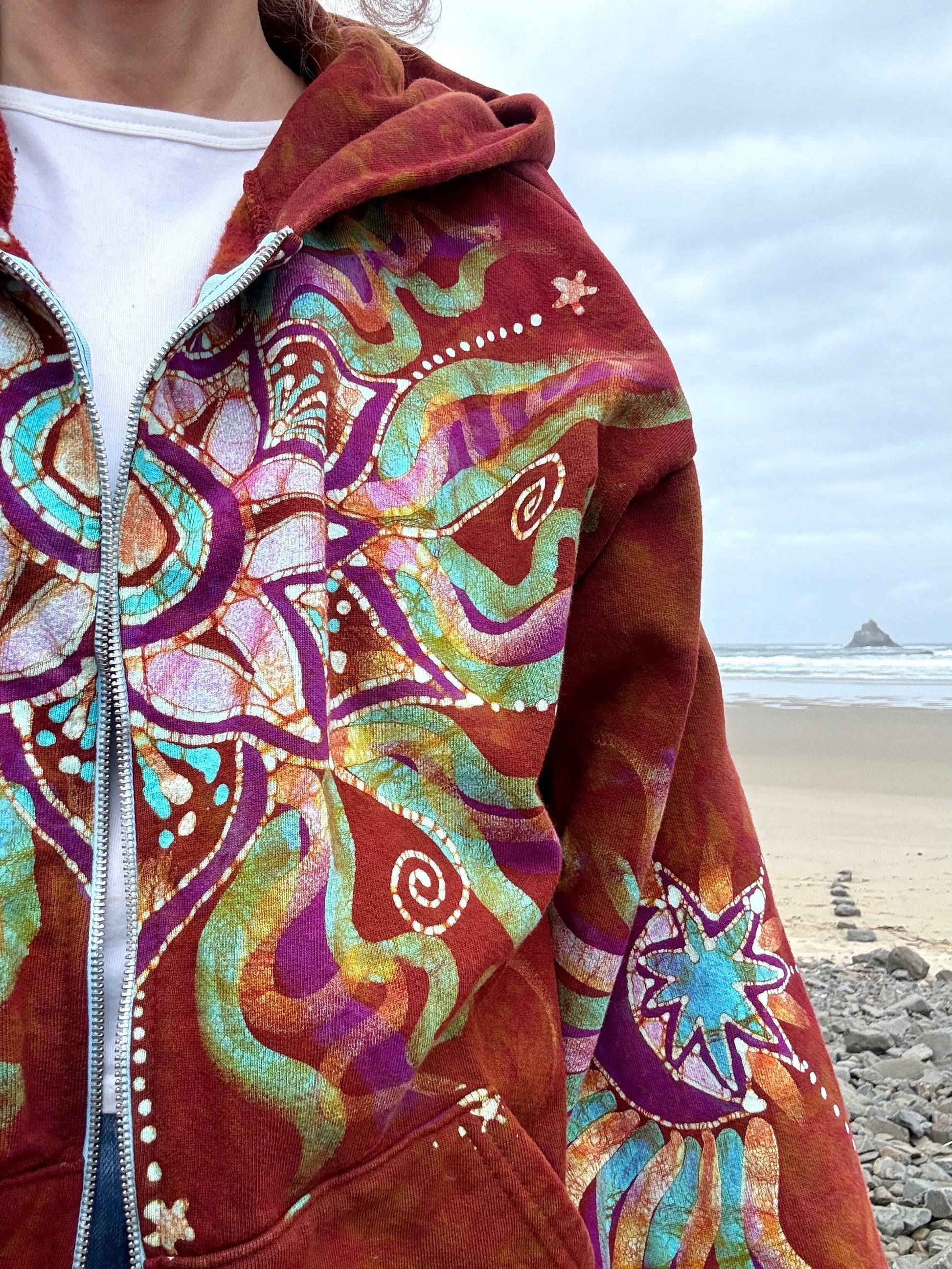 Amber Sky Lotus Flower Handmade Batik Zipper Hoodie - Unisex Size XL hoodie batikwalla 