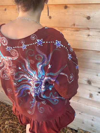 Red Moon Stars Batik Shirt – Handmade Peplum Top with Turquoise and Purple - Plus Size XL Batikwalla by Victoria 