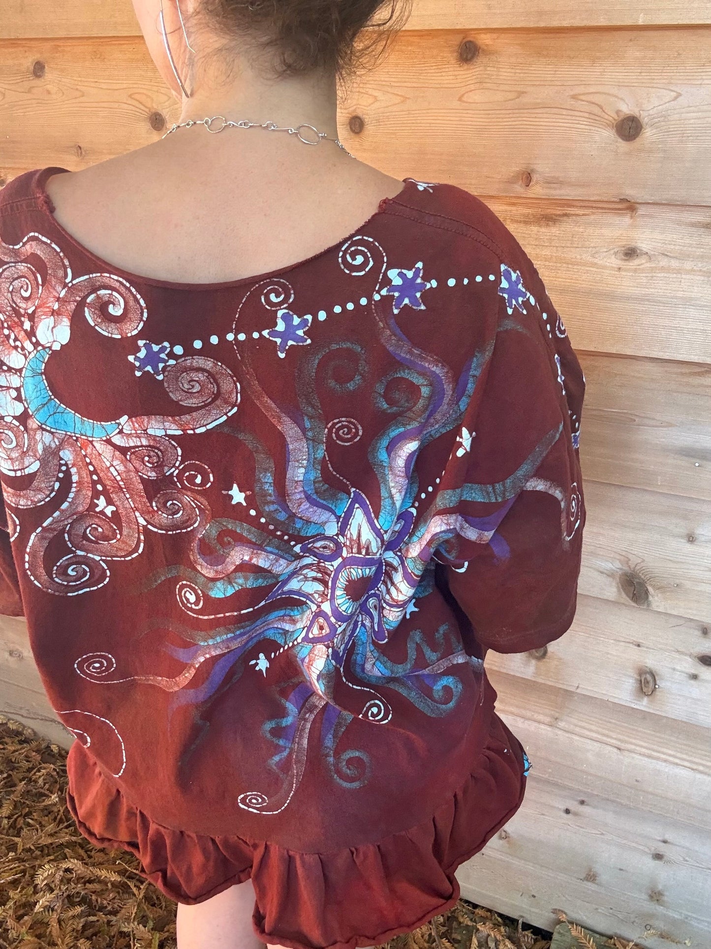 Red Moon Stars Batik Shirt – Handmade Peplum Top with Turquoise and Purple - Plus Size XL Batikwalla by Victoria 