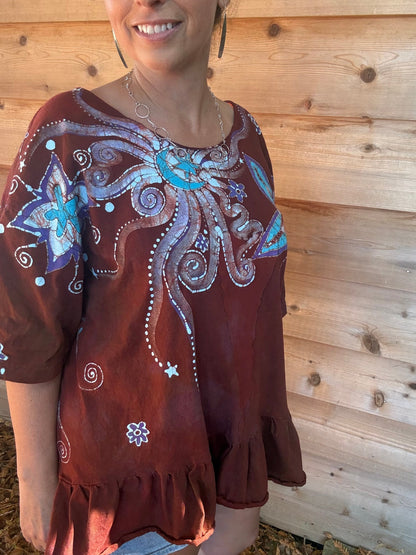 Red Moon Stars Batik Shirt – Handmade Peplum Top with Turquoise and Purple - Plus Size XL Batikwalla by Victoria 