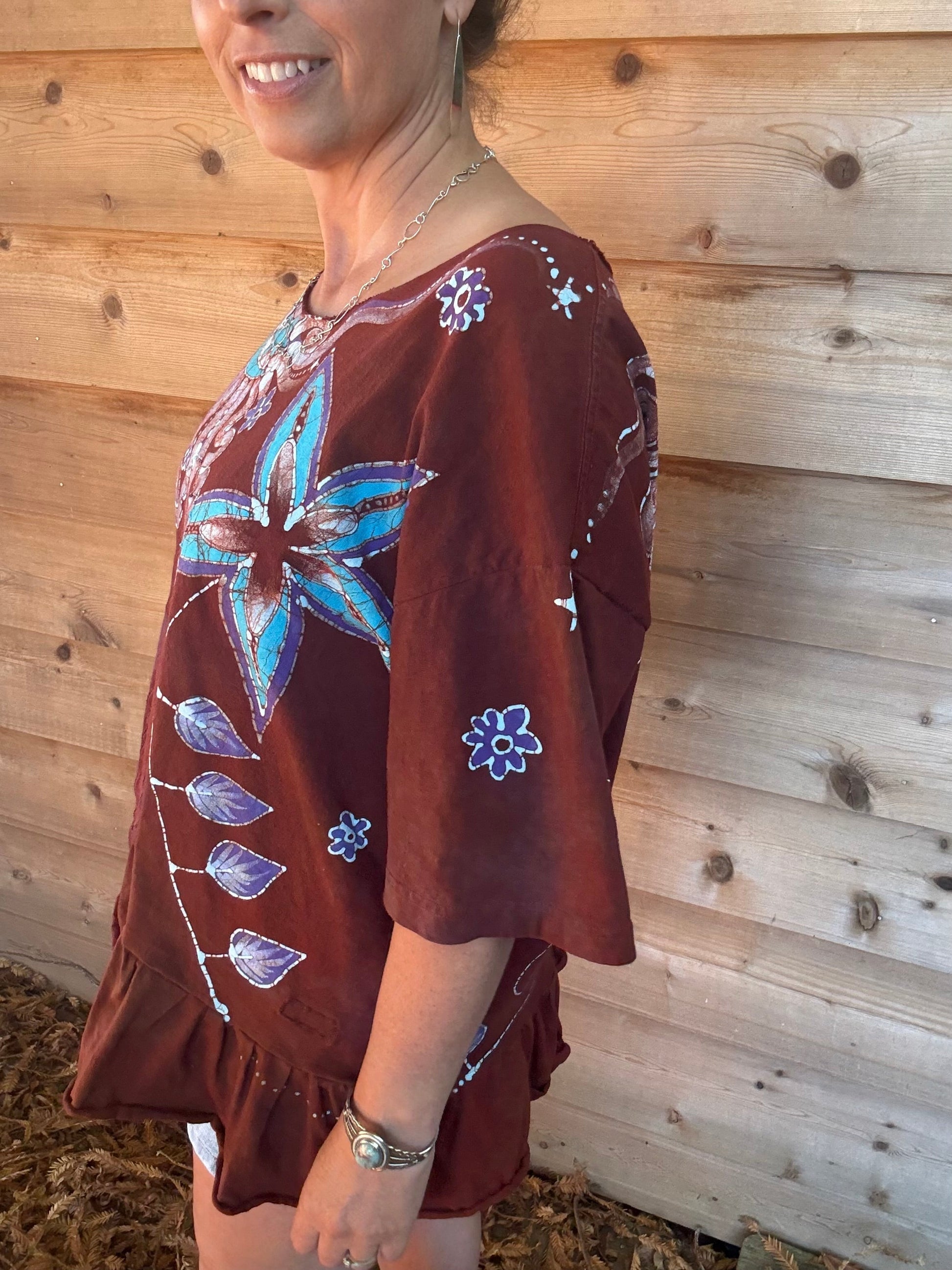 Red Moon Stars Batik Shirt – Handmade Peplum Top with Turquoise and Purple - Plus Size XL Batikwalla by Victoria 