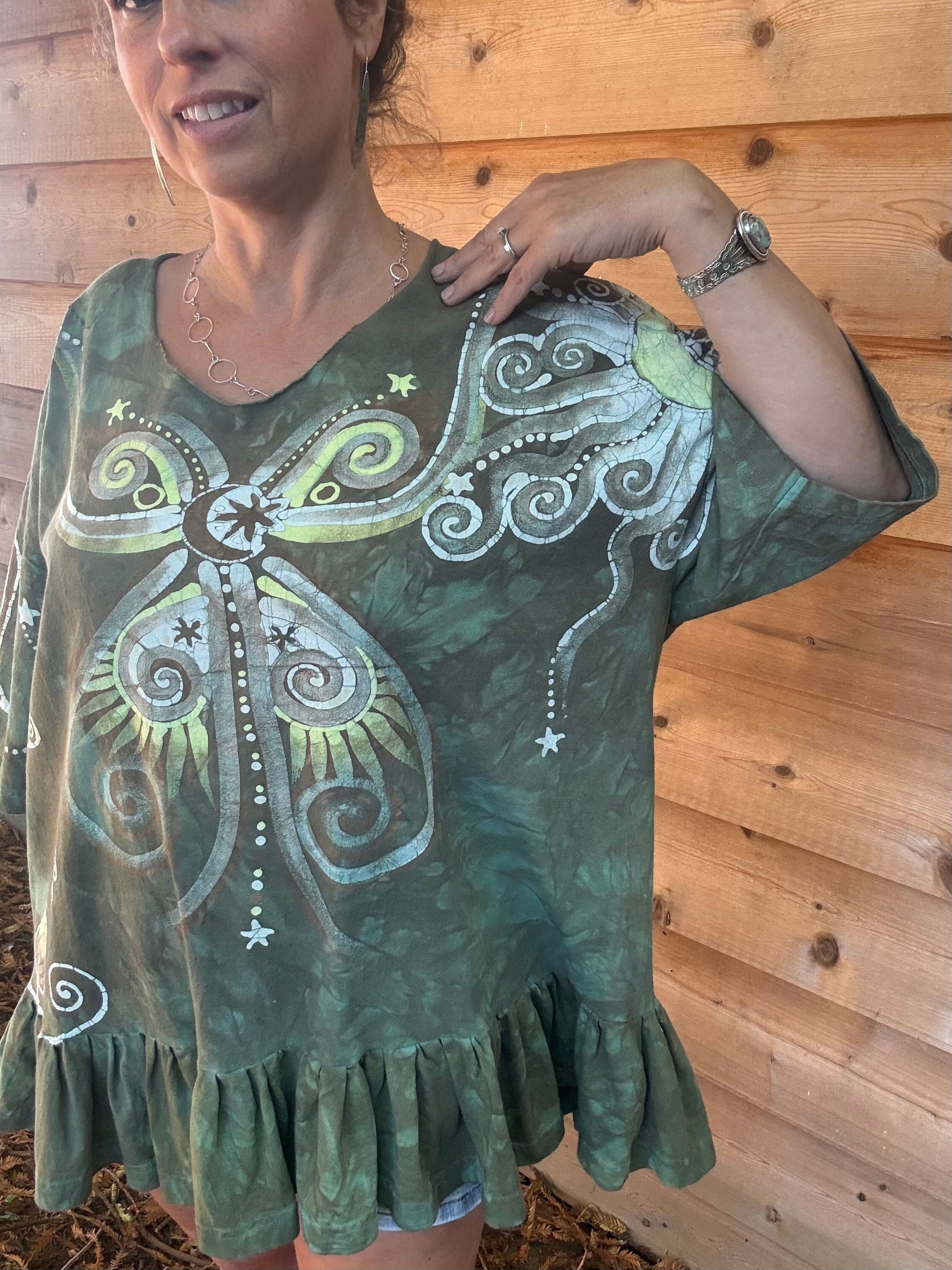 Butterfly Garden Batik Shirt – Handmade Green Peplum Top with Golden Florals - Plus Sizes Batikwalla by Victoria 