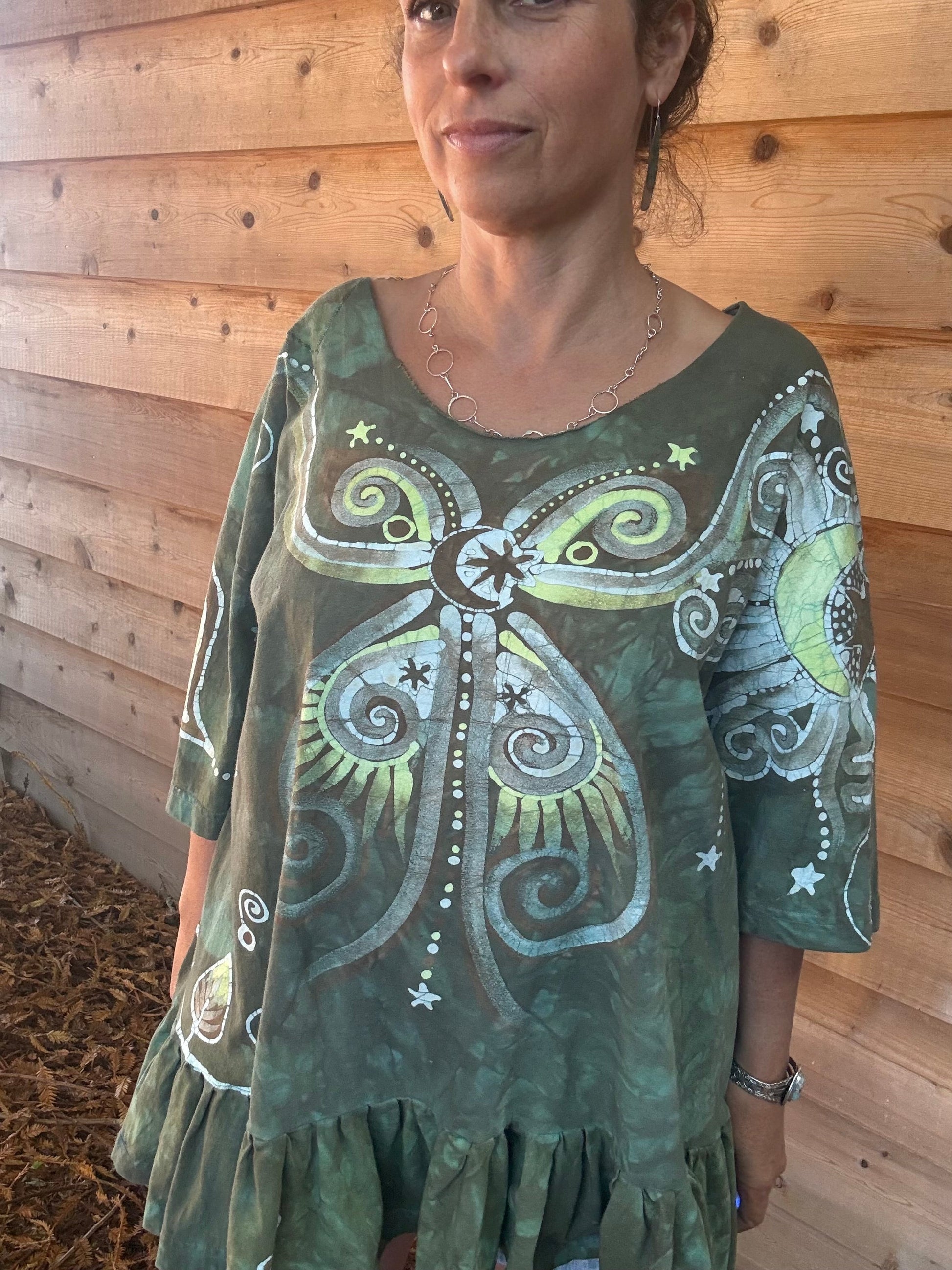 Butterfly Garden Batik Shirt – Handmade Green Peplum Top with Golden Florals - Plus Sizes Batikwalla by Victoria 2XL 