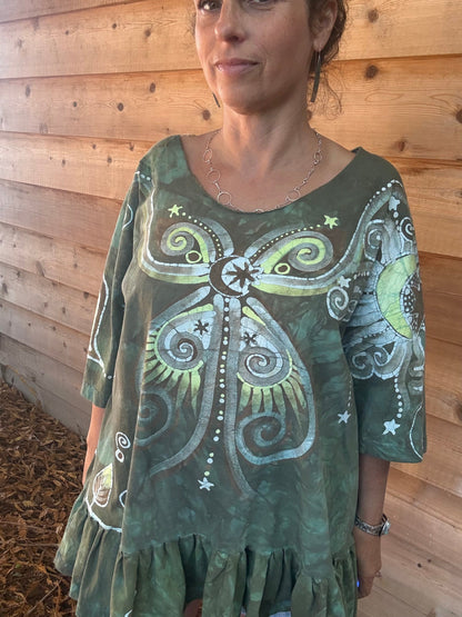 Butterfly Garden Batik Shirt – Handmade Green Peplum Top with Golden Florals - Plus Sizes Batikwalla by Victoria 2XL 