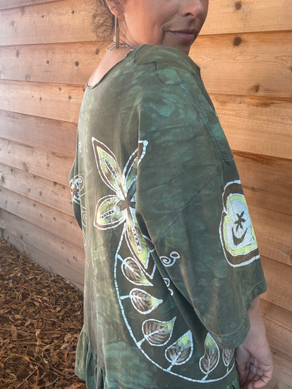 Butterfly Garden Batik Shirt – Handmade Green Peplum Top with Golden Florals - Plus Sizes Batikwalla by Victoria 