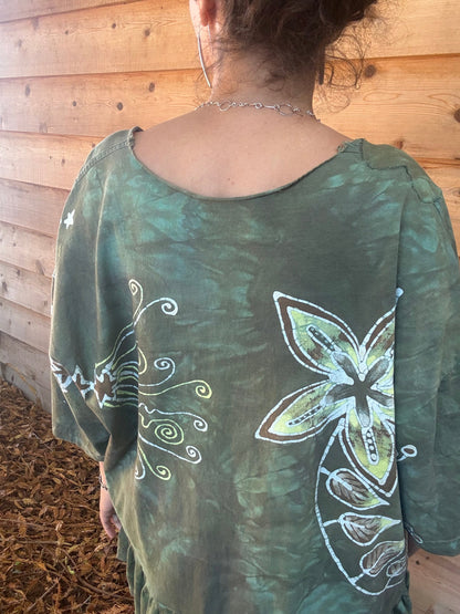 Butterfly Garden Batik Shirt – Handmade Green Peplum Top with Golden Florals - Plus Sizes Batikwalla by Victoria 