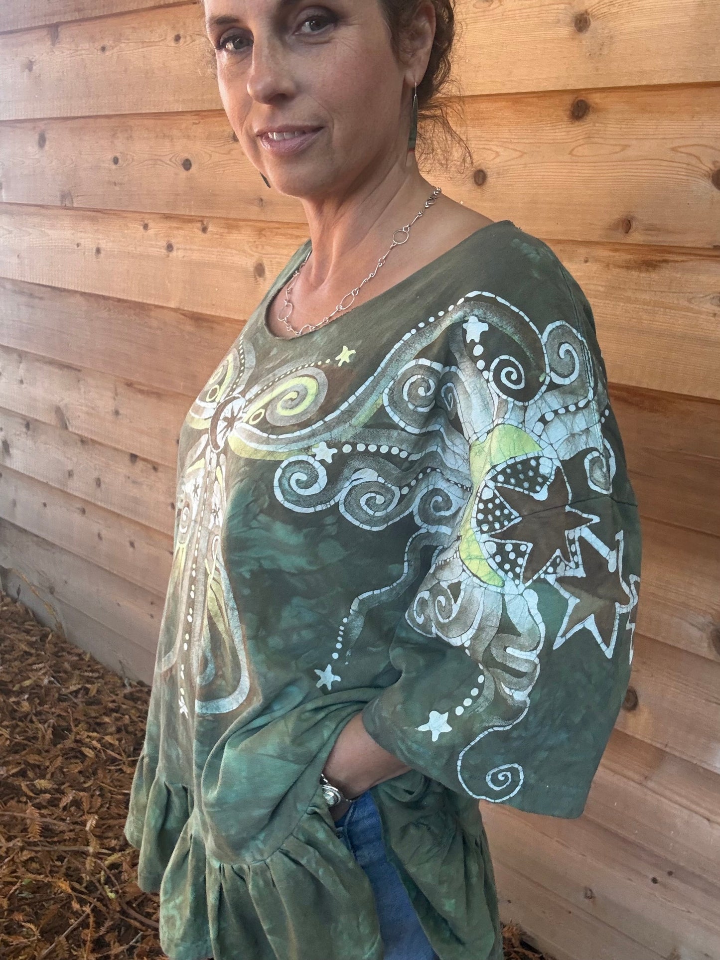 Butterfly Garden Batik Shirt – Handmade Green Peplum Top with Golden Florals - Plus Sizes Batikwalla by Victoria XL 