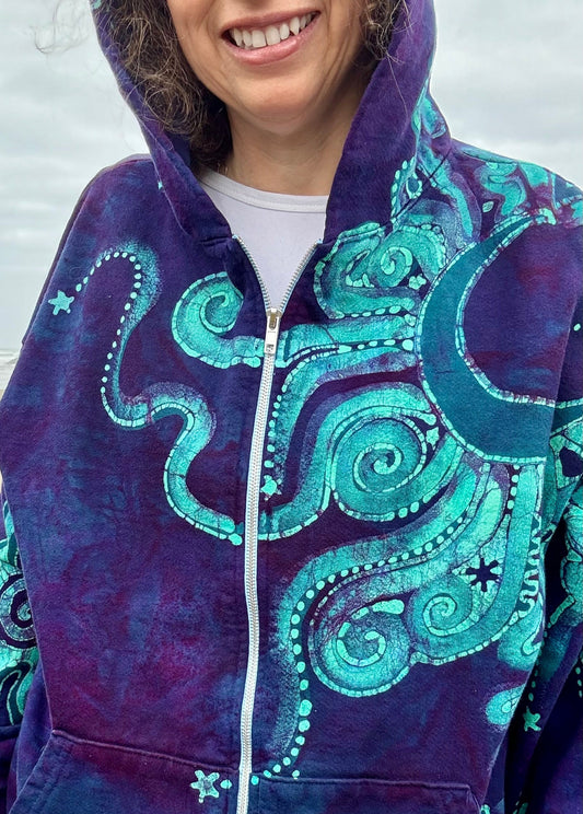 Deep Purple Tree of Life Handcrafted Batik Zipper Hoodie - Unisex Size hoodie batikwalla 