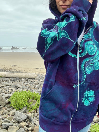 Deep Purple Tree of Life Handcrafted Batik Zipper Hoodie - Unisex size LARGE or 2X hoodie batikwalla 