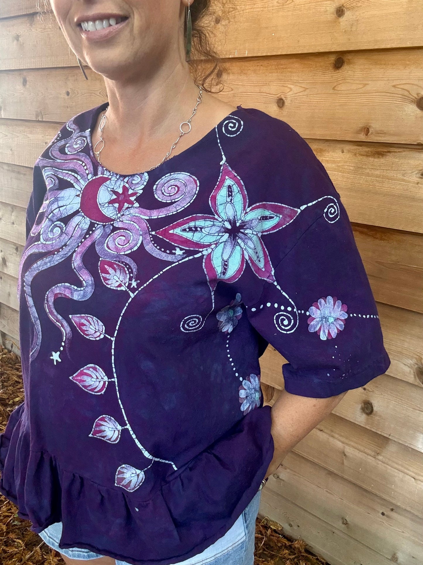 Midnight Flower Moon and Star Batik Shirt – Handmade Peplum Top - Size Large