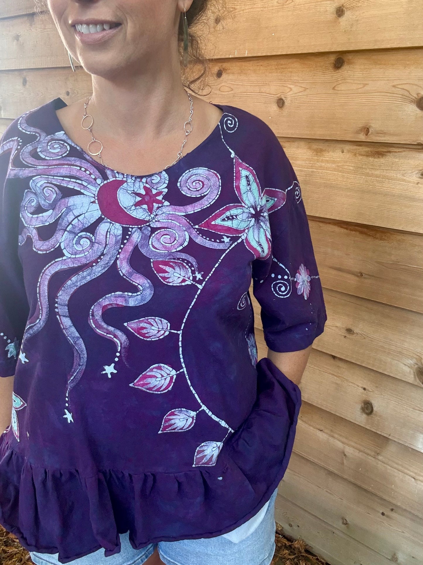 Midnight Flower Moon and Star Batik Shirt – Handmade Peplum Top - Size Large