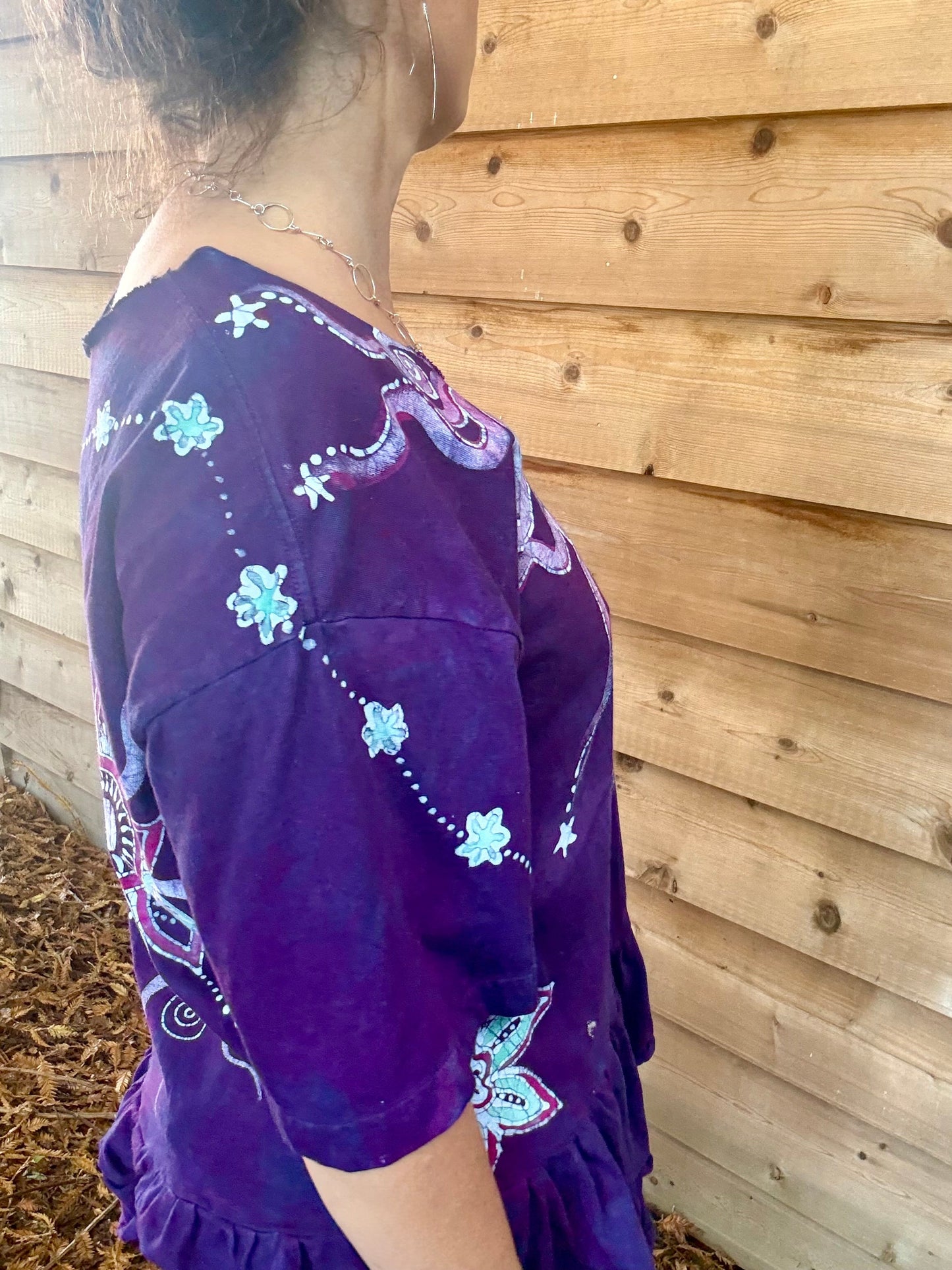 Midnight Flower Moon and Star Batik Shirt – Handmade Peplum Top - Size Large