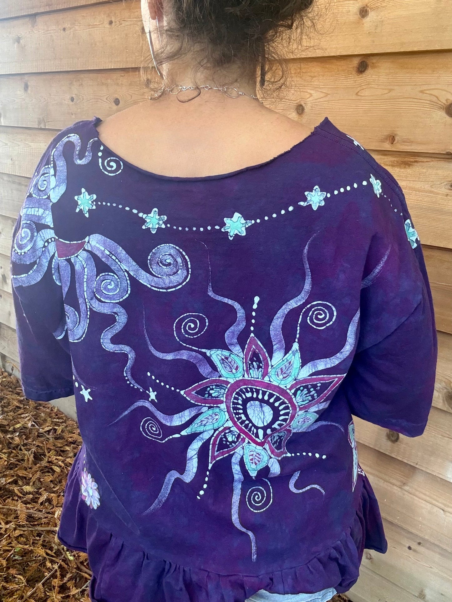 Midnight Flower Moon and Star Batik Shirt – Handmade Peplum Top - Size Large